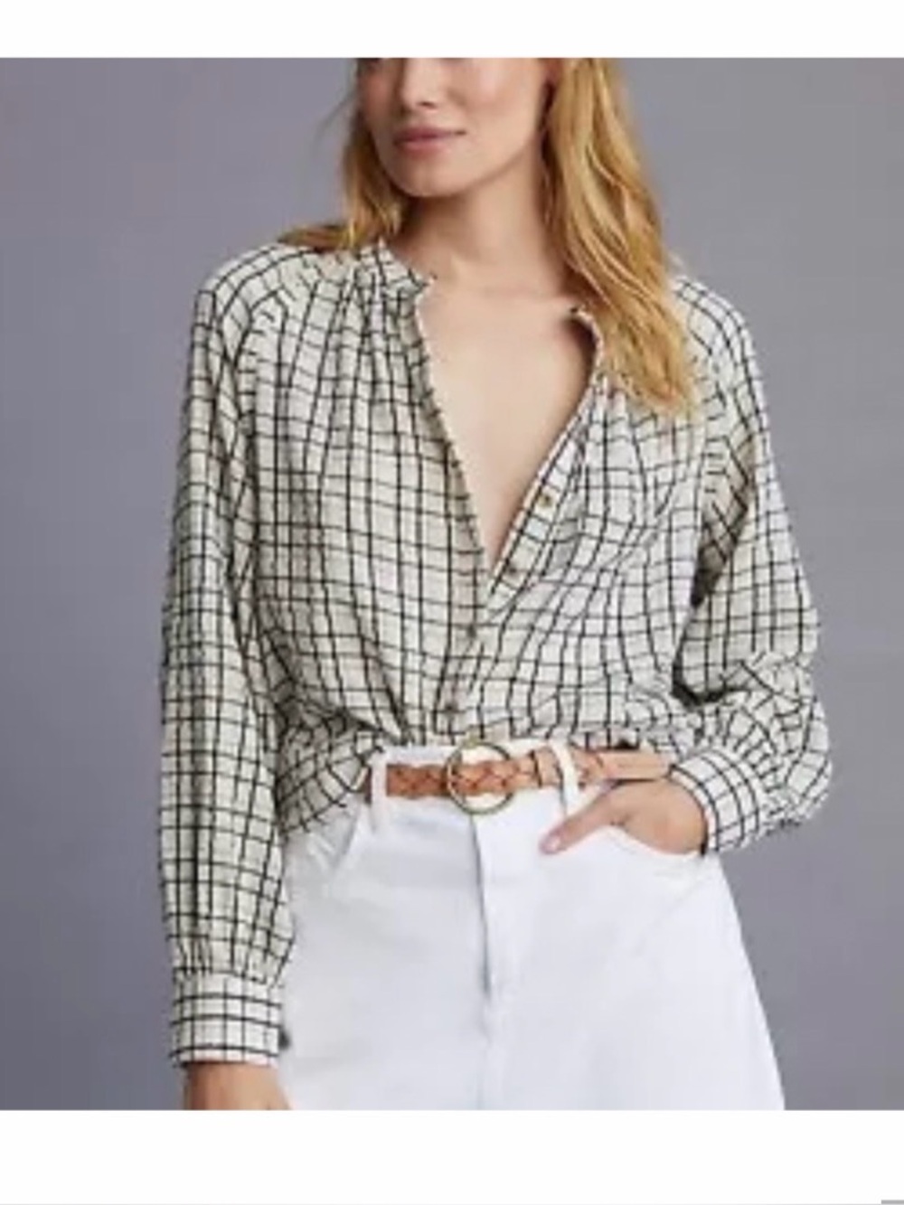 Pilcro Cream and Black Plaid Lightweight Button-Up Top size Large